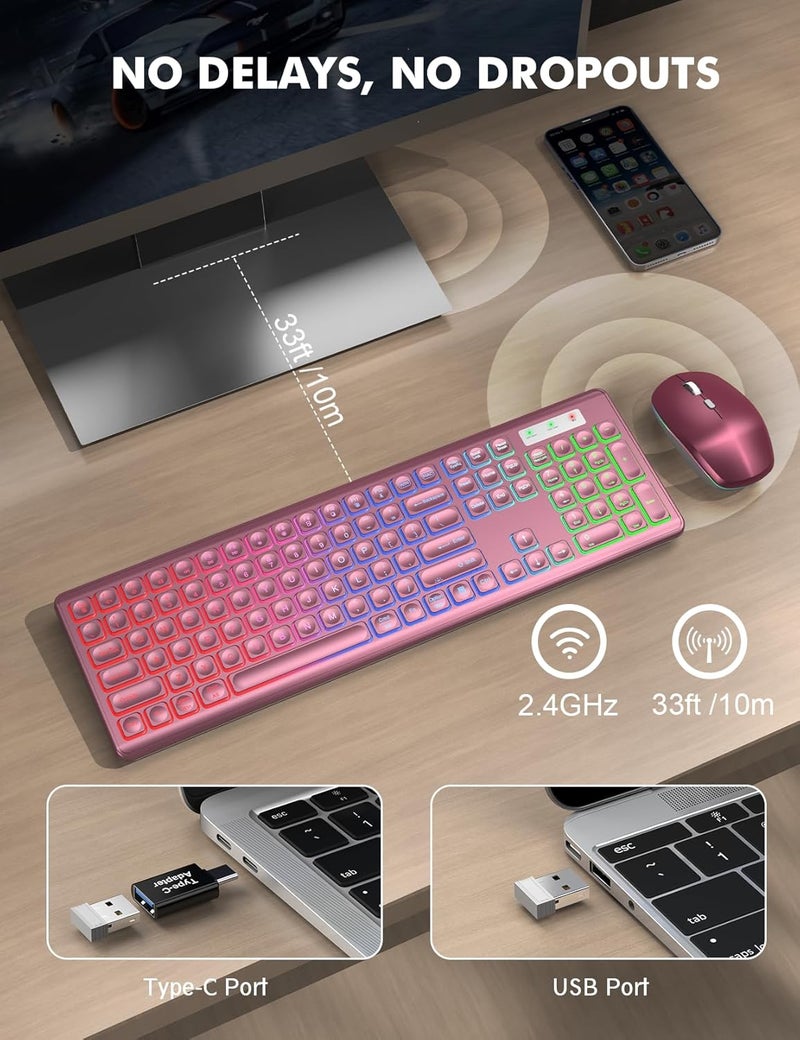 Trueque Wireless Keyboard and Mouse Combo, RGB Backlit, Rechargeable & Light Up Letters, Full-Size, Soft Typing, Sleep Mode, 2.4GHz Quiet Keyboard Set for Mac, Windows, Laptop, PC, (Wine Red) - Image 4